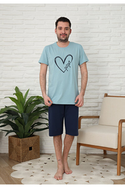 Serena Family pajamas for men, cotton, short sleeves and 3/4 pants, green color, heart print