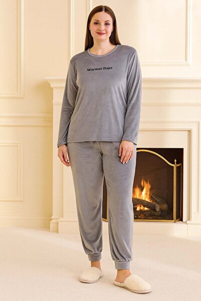 REMSA Plus Size Women's Velvet Fabric Pajama Set 13212 Gray