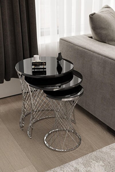 MYDECO Hasır Zigon Sehpa Gümüş Kaplama Siyah Ayna