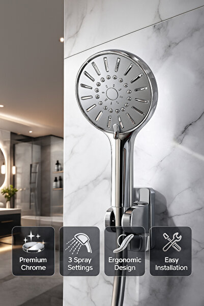 SUVİA Krom Duş Başlığı 3 Fonksiyonlu Premium – 360° Ayarlanabilir, Su Tasarruflu