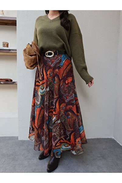 ESRAHELVACI Belted Ethnic Pattern Chiffon Skirt