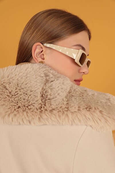 evolise Fur Detail Women's Ecru Cashmere Coat