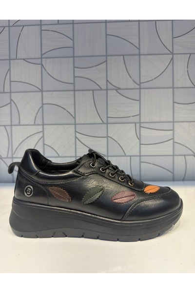 Anıl Ayakkabı B1 4060 Women's Black Genuine Leather Rubber Laces Leaf Pattern Detailed Daily Orthopedic Shoes