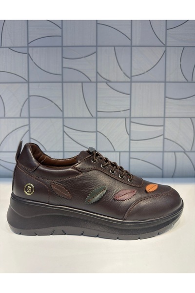 Anıl Ayakkabı B1 4060 Women's Brown Genuine Leather Rubber Laces Leaf Pattern Detailed Daily Orthopedic Shoes
