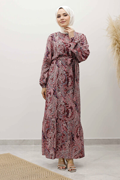 Tesettür Dünyası Φόρεμα με μοτίβο σάλι με ζώνη TSD250257 Βουργουνδία
