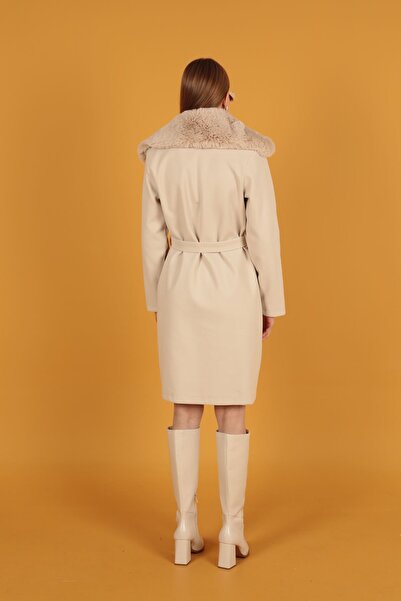 evolise Fur Detail Women's Ecru Cashmere Coat