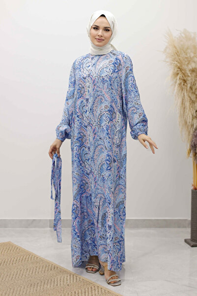 Tesettür Dünyası Φόρεμα με μοτίβο σάλι με ζώνη TSD250257 Μπλε