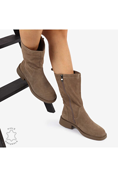 ANGEL BLUE Women's Boots Made of Genuine Suede Leather with Zipper Closure and 4cm Sole CRL1252 Khaki