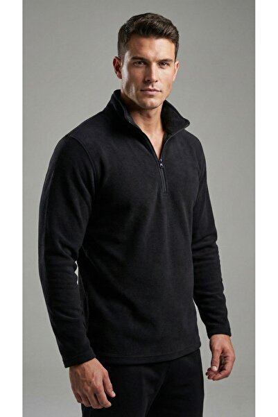BESKAR Ανδρικό μαύρο φούτερ με μισό φερμουάρ ψηλός λαιμός Winter Thermal Fleece