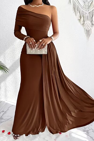 Deafox Brown One Shoulder Long Sleeve Sweep Train Maxi Length Crepe Fabric Evening Dress