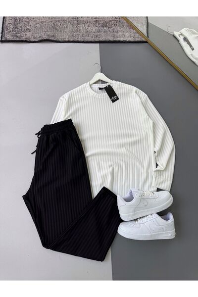Combineman35 Men's Vertical Striped Stretch Fabric Ottoman White Sweatshirt Black Trousers 2-Piece Set
