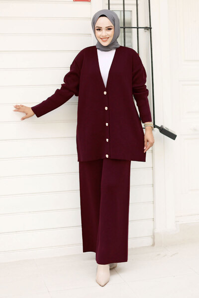 Tesettür Dünyası Buttoned Stone Knitwear Cardigan Set Tsd240932 Burgundy