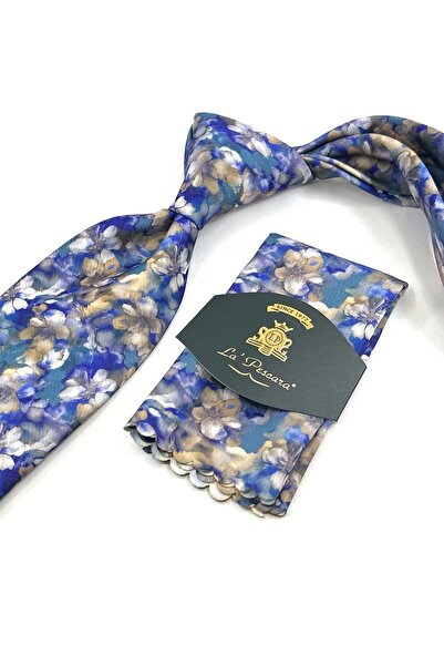 Kravatkolik Blue - Yellow Floral Pattern Printed Pocket Square Classic Tie Kk13359