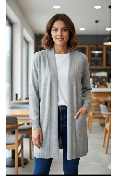 güncüoğlu Long Sleeve Cardigan with Belt, Front Patterned, Length 85cm, Knitwear Cardigan