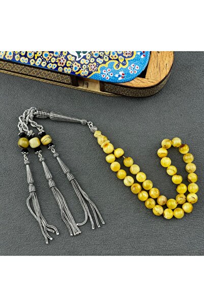 Bülbül Tesbih Rus Kaliningrad Fosilli Gümüş Püskül Damla Kehribar Tespih