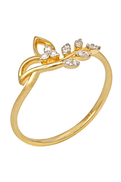 Gold 14K Gold Ring with Diamonds Arranged in a Leaf Shape