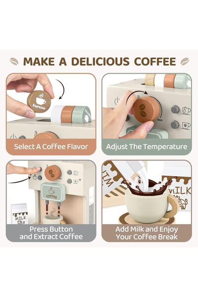 zola Wooden espresso machine toy set, barista, coffee capsules, cups, milk, 12 x 20 x 13.5 cm, gray