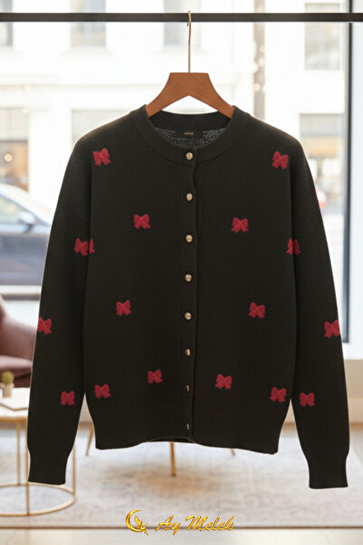 AYMELEK Women's Knitwear Cardigan Buttoned Crew Neck Short Bow Detail Cardigan