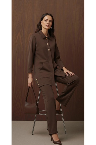 Puane Women's Gold Button Detail Tunic Pants Top Quality Set