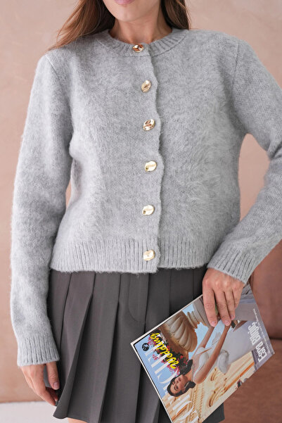 Park Karon Women's Crew Neck Button Detailed Soft Textured Fleece-Lined Knitwear Jacket