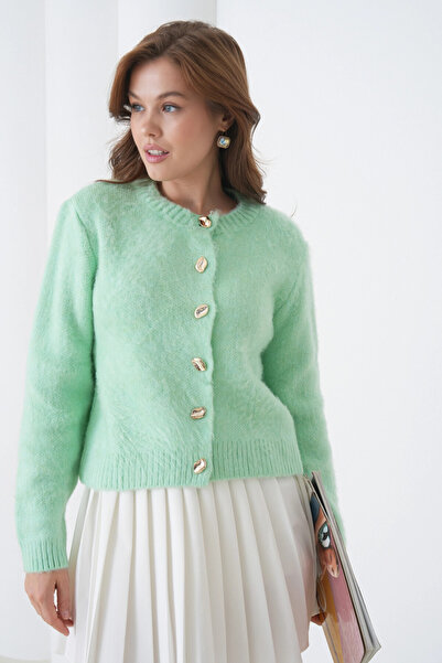 Park Karon Women's Crew Neck Button Detailed Soft Textured Fleece-Lined Knitwear Jacket