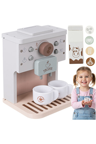 zola Wooden espresso machine toy set, barista, coffee capsules, cups, milk, 12 x 20 x 13.5 cm, gray