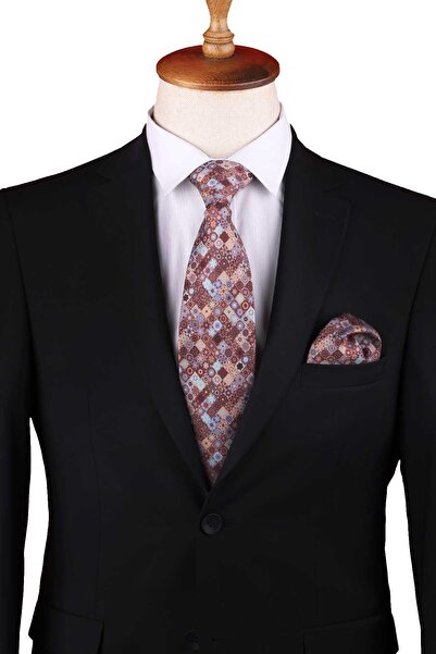 Kravatkolik Καφέ - Μπλε Μοτίβο Μοτίβο Κλασική Γραβάτα με με τύπωμα Μαντήλια KK13341