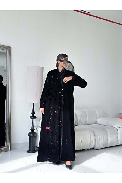 AYA mwt574 عباية مخمل لامعة بتطريز ناعم