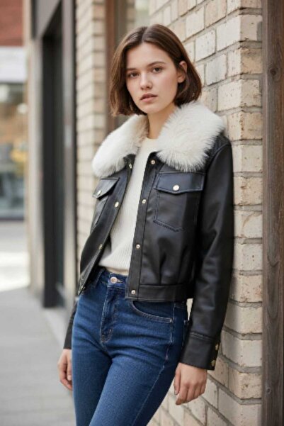 Enter Jachetă din piele artificială, cu guler de blană artificială, cu formă ...