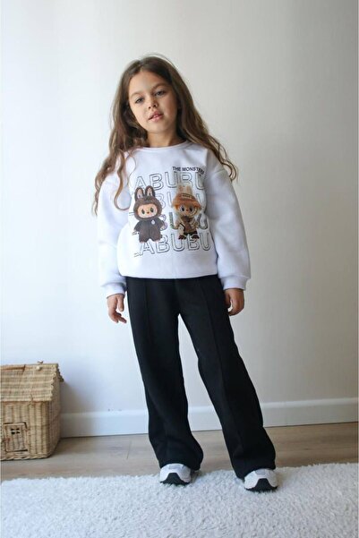 JELİBOOM Girl's Labubu Printed Fleece-Lined Black and White Two-Piece Suit