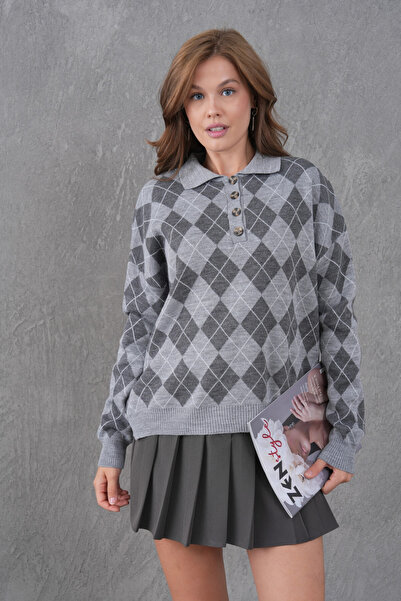 Park Karon Women's Polo Neck Half Placket Button Detail Patterned Oversized Knitwear Sweater