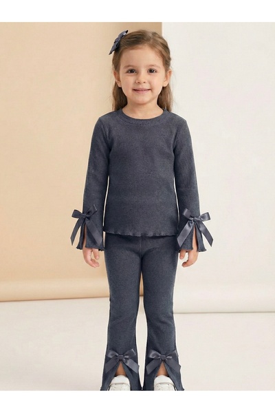 KIYAFET Kız Çocuk Fitilli Fiyonk Detaylı Takım – Uzun Kollu Üst & Tayt Kombin