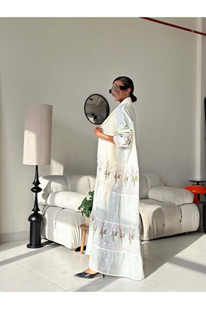 AYA mw1499 عباية دبل كلوش لنن اصفر