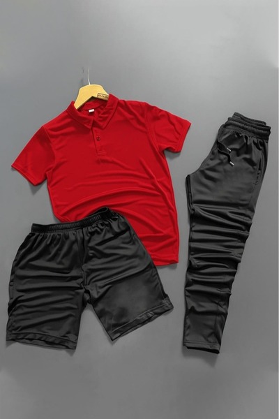 NOFLEN Polo Collar Unprinted 3-Piece Shorts Set