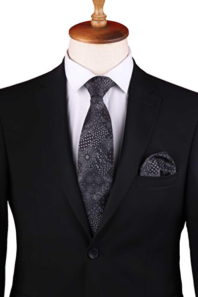 Kravatkolik Black Patchwork Pattern Printed Pocket Classic Tie Kk13350