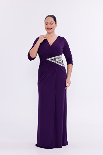 BDM Exclusive Şifon Piliseli Taş İşlemeli Uzun Kol Büyük Beden Abiye Elbise