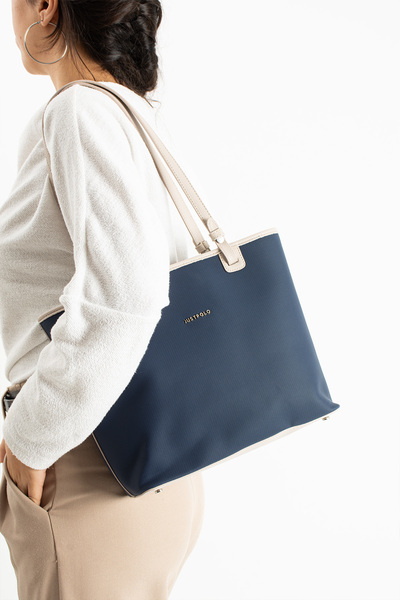 Just Polo Women's Large Size Water Resistant Navy Blue Stone Lacoste Fabric 4-Compartment Hand and Shoulder Bag Pbu2170