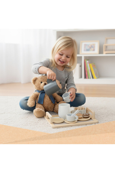 zola 16-piece wooden tea set, teapot, carafe, tea bags, cookies, cups, tray, other accessories