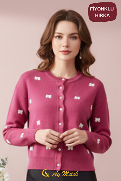 AYMELEK Women's Knitwear Cardigan Buttoned Crew Neck Short Bow Detail Cardigan