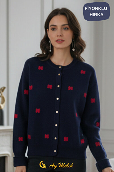 AYMELEK Women's Knitwear Cardigan Buttoned Crew Neck Short Bow Detail Cardigan