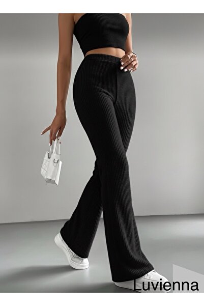 LUVIENNA Women's Black Velvet Strapless Top and High Waist Palazzo Pants Sets