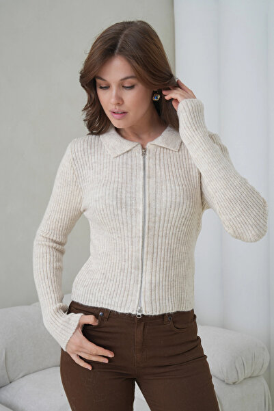 Park Karon Women's Polo Neck Zipper Detailed Soft Textured Corded Fabric Knitwear Jacket