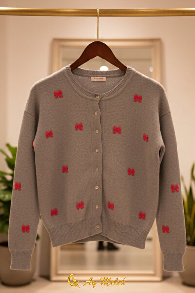 AYMELEK Women's Knitwear Cardigan Buttoned Crew Neck Short Bow Detail Cardigan