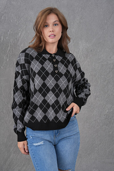 Park Karon Women's Polo Neck Half Placket Button Detail Patterned Oversized Knitwear Sweater