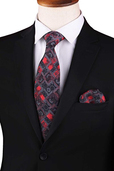 Kravatkolik Smoked - Red Square Pattern Printed Handkerchief Classic Tie Kk13352