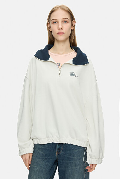 UCLA Yoko Bone Color Zippered Printed Oversized Fit Women's Sweatshirt