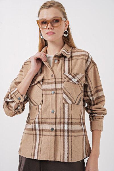 Bigdart Cămașă pentru femei cu model în carouri supradimensionat 3854 - A.Beige