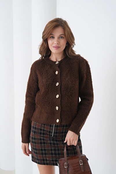 Park Karon Women's Crew Neck Button Detailed Soft Textured Fleece-Lined Knitwear Jacket