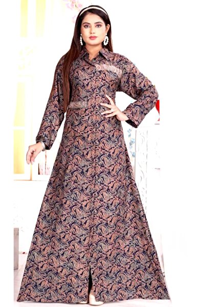 Zainah Elegant Printed Jallabiya Maxi Dress with Shirt Collar Neck | Long Sle...