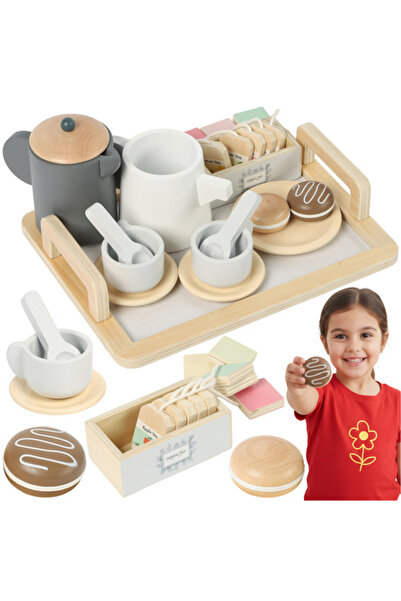 zola 16-piece wooden tea set, teapot, carafe, tea bags, cookies, cups, tray, other accessories